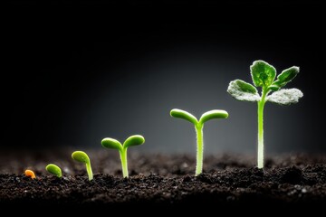 Seeds of Growth: A visual narrative of new life, tracing the elegant stages of plant emergence from seed to a vibrant sprout. This photorealistic image symbolizes growth, potential.