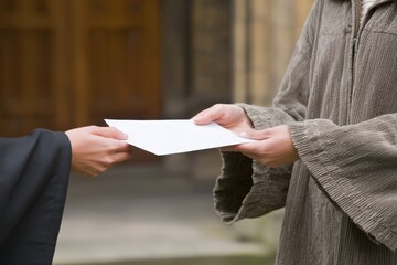 Exchange of Words: A close-up shot capturing the symbolic moment of a document exchange, with a person in a robe. The hands meet in a silent transaction. 