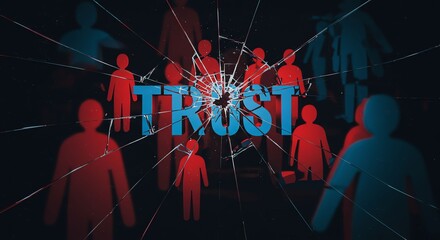 Broken Glass Fragmented Trust Word with Red and Blue Silhouettes of People in Dark Environment