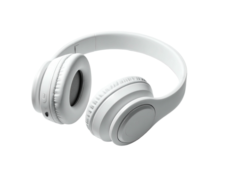 Over-ear, all-white headphones rest against a dark background, angled for display