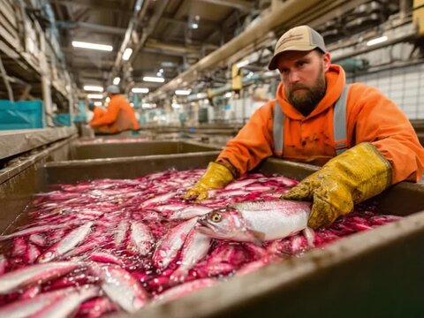 Fisherman Inspecting Fish: Inside a vibrant fish processing plant, a focused fisherman inspects a bounty of freshly harvested fish, offering a behind-the-scenes look at the seafood industry. 