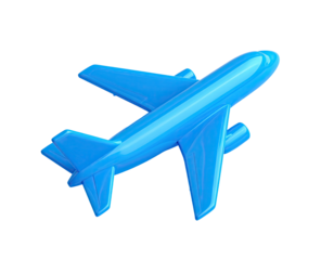 A vibrant blue, stylized airplane graphic floating against a stark black background