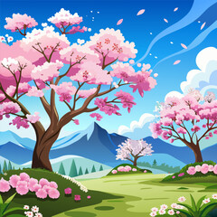 &ldquo;Spring Landscape with Blooming Cherry Blossom Trees against Blue Sky&rdquo;