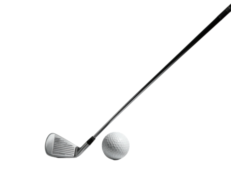 Isolated golf club poised over a golf ball against a stark black backdrop