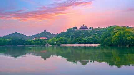 Obraz premium Lake with traditional buildings at sunset