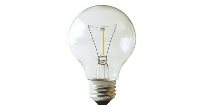 Incandescent light bulb isolated on transparent background with filament inside