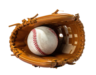 A baseball nestled inside a well-worn, tan leather glove, ready for play