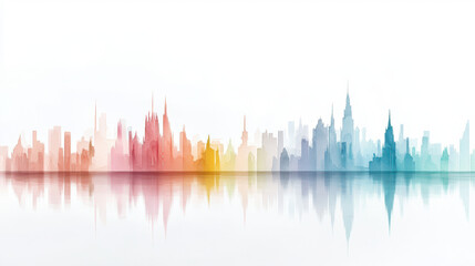 Fototapeta premium Vibrant watercolor skyline featuring blend of colorful buildings reflecting on serene surface, evoking dreamy atmosphere