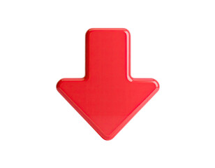 Glossy red arrow pointing downwards on a black background, isolated