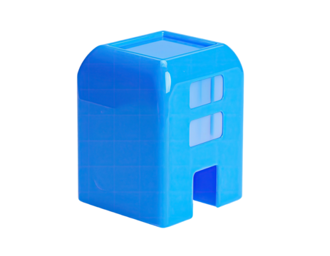 Blue, stylized, three-dimensional object, resembling a simplified building