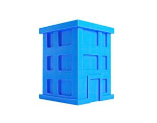 A stylized, monochromatic blue building, 3-stories, set against a dark background