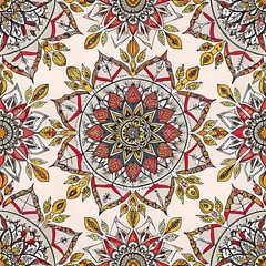 
Ornate symmetrical mandala pattern with star motifs, floral elements, leaves, and geometric ornaments in red, green, yellow, and beige colors