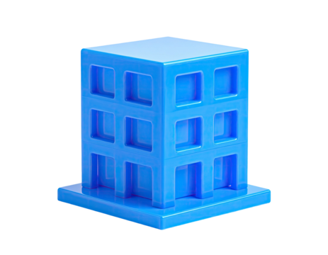 A 3D blue architectural model of a building with open windows and a flat base