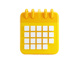 A 3D-rendered yellow calendar, with white dates, on a black background