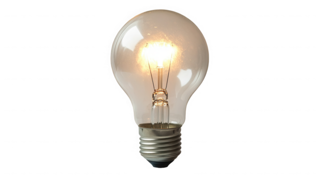 Glowing incandescent light bulb isolated on transparent background with filament