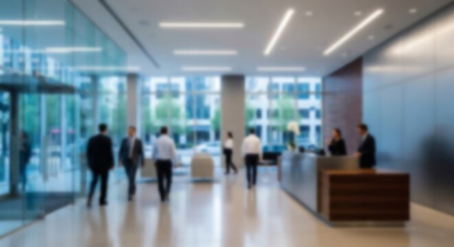 Abstract defocused image of corporate business people moving through a modern office building reception and spacious lobby area