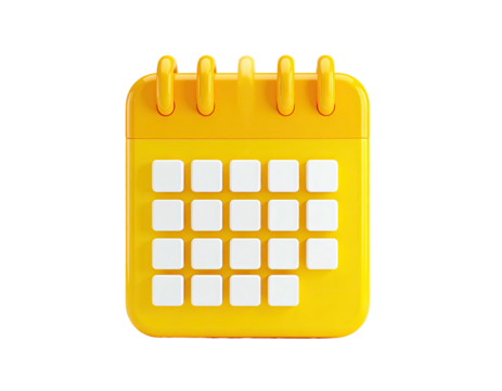 A 3D-rendered yellow calendar, with white dates, on a black background