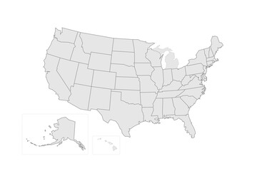 United States of America political map of administrative divisions - states and federal district Washington, D.C. Grey blank vector editable map EPS.