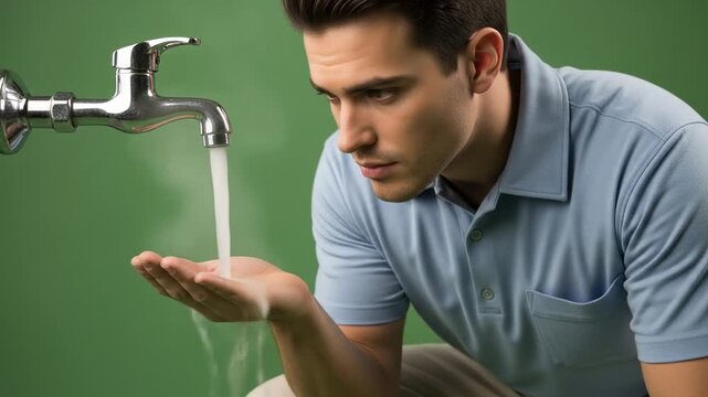 Man receiving water from faucet studio shot everyday life clean image simple action