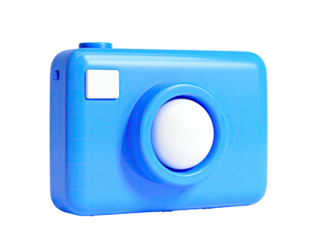 Rendered blue photographic camera, with lens and flash against a black background