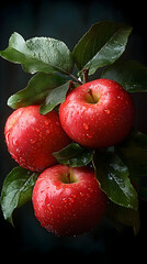 Fresh Red Apples on a Branch with Water Drops on a Dark Background.