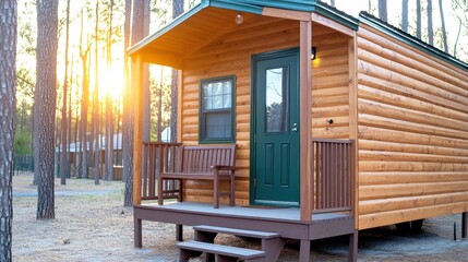 Cozy wooden cabin retreat in serene forest at golden hour