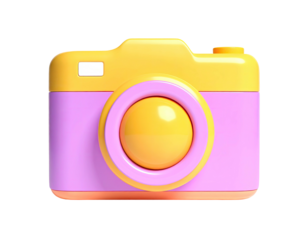 3D render of a colorful digital camera with a large lens and smooth edges