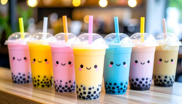 Colorful bubble tea drinks in plastic cups.  A row of various-colored drinks with cute faces on the cups