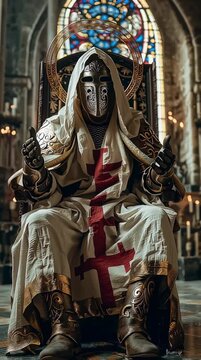 King Baldwin IV Seated on Oversized Stone Throne in Dark Cathedral, Silver Filigree Mask, White Tunic with Red Jerusalem Cross, Gold-Trimmed Robes, Chainmail, Hands in Calm Blessing Gesture, Warm Cand