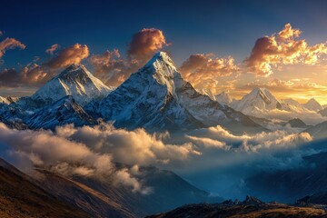 Majestic Snow Capped Mountain Peaks At Sunset