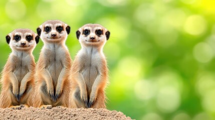 Fototapeta premium Three Cheerful Meerkats Standing Together Against a Soft Background