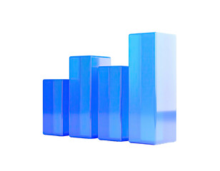 Shiny, blue, 3D bar chart rising against a stark black background