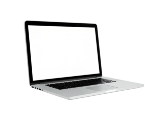 Silver laptop with blank screen, angled upward on a black background