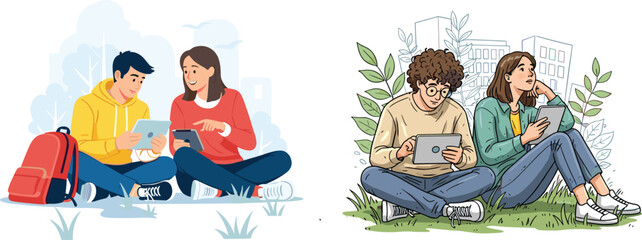 Students using tablets outdoors, digital learning, campus collaboration, modern education, youth technology, study group, teamwork, academic lifestyle,smart devices