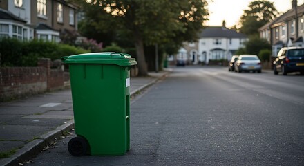 Green wheelie bin on suburban street at sunset with parked cars