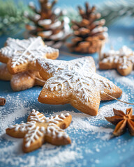 Christmas star cookies with powdered sugar and pine cones, festive upright composition