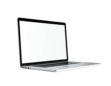 Sleek, open laptop with a blank, bright screen, on a stark black background