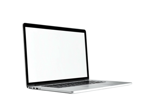 Sleek, open laptop with a blank, bright screen, on a stark black background