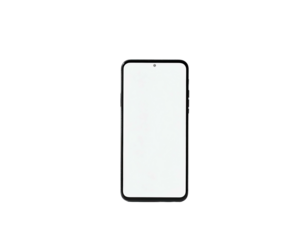 A generic smartphone with a bright white screen floats against a black background