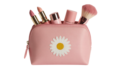 Chic pink makeup bag filled with lipsticks and brush, ready for travel