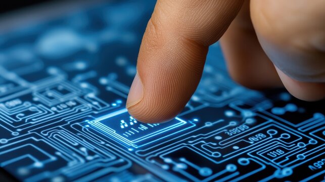 Close-Up Finger Touching Digital Circuit Board on Modern Tablet
