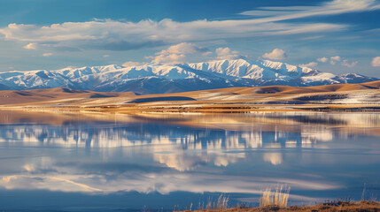 Obraz premium Snowy mountains reflected in calm lake