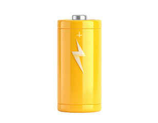 A 3D rendered image of a tall yellow AA battery with a lightning bolt
