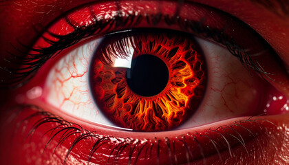 Fiery Iris: Intense Close-Up of a Red and Orange Human Eye