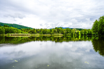 View of Lake Dietrichstein and the surrounding landscape. Nature at the lake near Dietrichstein in Carinthia.
