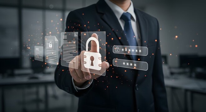 Data Security and Privacy Concept: Businessman Touching Digital Padlock - Powered by Adobe