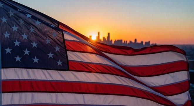 American flag waving in the golden hour light of a setting sun with a soft-focus city skyline silhouette visible on the horizon