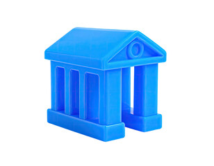 A bright blue, stylized building model with columns and a pediment