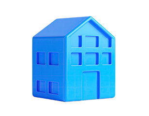 A bright blue 3D-rendered house icon with a dark background