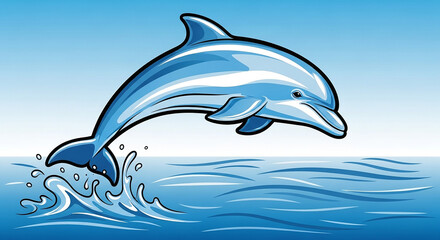 Obraz premium A vibrant illustration of a playful dolphin leaping out of the ocean water, with splashes and waves indicating its energetic movement.